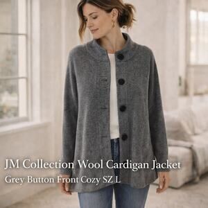 JM Collection Cardigan Jacket Wool Button Front Grey SZL Minimalist